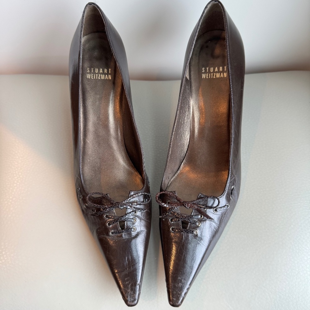 Size 9N Stuart Weitzman Brown Leather Lace up toe heel